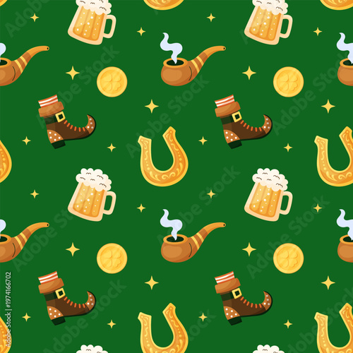 Seamless pattern with beer mug, shoe, horseshoe, coin and smoking pipe. Saint Patricks Day elements. Holiday greeting card on green background. Hand drawn vector illustration.