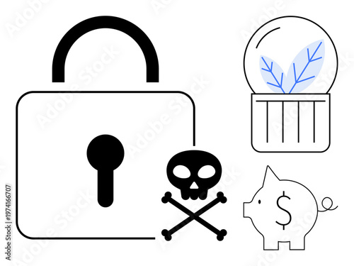 Data security, financial safety, cybercrime, environmental awareness, secure transactions, technology risks. Lock, piggy bank skull with crossbones and eco elements. Data security and financial