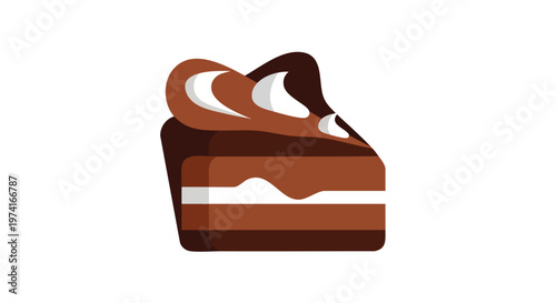 A simple, abstract illustration of a piece of cake with frosting, layers, and a light-colored top. The colors are shades of brown
