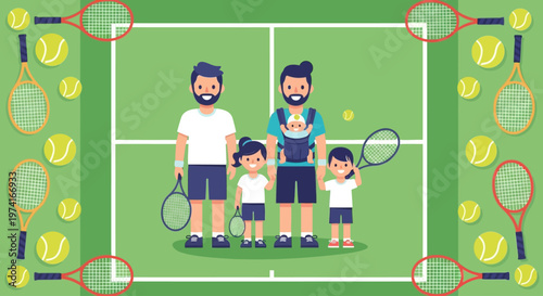 Family enjoying tennis together on a court vector illustration silhouette on transparent background
