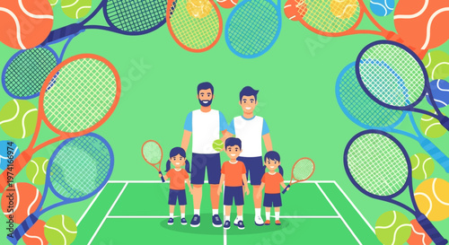 Family playing tennis with rackets and balls on transparent background silhouette