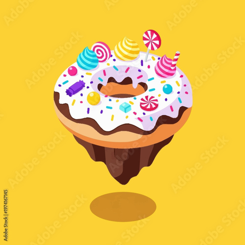 Colorful cartoon donut with sprinkles floating in air.