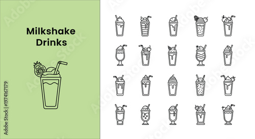 A comprehensive collection of outline vector illustrations featuring various delicious milkshake drinks and dessert beverages.