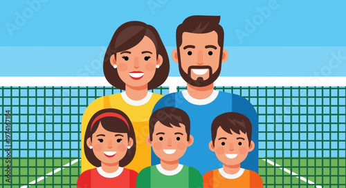 Happy family portrait with a tennis court backdrop on transparent background silhouette