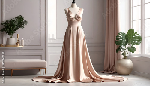 A flowing satin gown on a mannequin in a light-filled room with elegant details