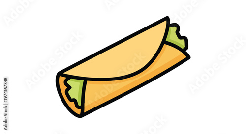 A cartoon illustration of a food item wrapped with tortilla, with fillings visible at the end. It's on a white background