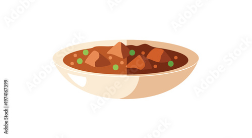 A cartoon-style illustration of a bowl filled with stew, showcasing cubes of meat and green peas immersed in a rich, brown broth. The bowl is set against a white background