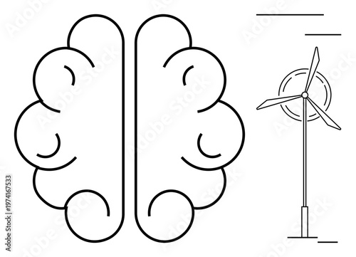 Renewable energy, innovation, sustainability, green technology, cognitive science, eco-solutions. Line-art brain and wind turbine. Renewable energy and innovation through artistic elements