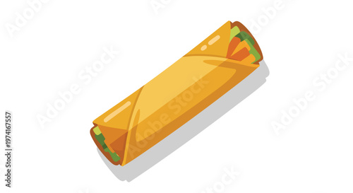A cartoon illustration of a golden-yellow wrap filled with fresh ingredients, with a light gray shadow, against a clean white backdrop