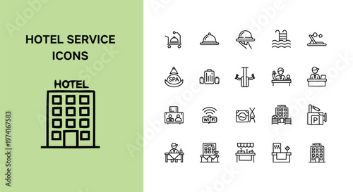 A comprehensive vector graphic illustration featuring a diverse collection of hotel service icons for modern design projects