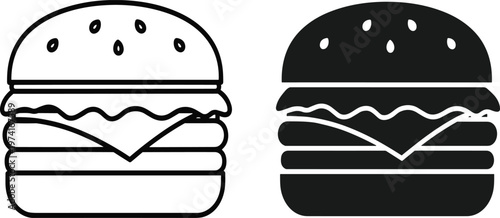 Burger icon set featuring black line art and solid silhouette style delicious cheeseburger symbols isolated on white background for design.