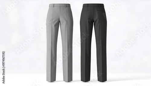 Two pairs of straight-leg trousers, one grey, one black, isolated on a white backdrop