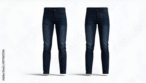 Two pairs of dark blue denim jeans displayed side by side against a white background