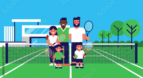 Family enjoying tennis together on a vibrant court on transparent background silhouette
