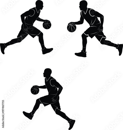 Active basketball player silhouette collection dribbling ball for sports competition fitness training