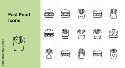 Collection of thin line fast food vector icons featuring delicious burgers and crispy potato fries