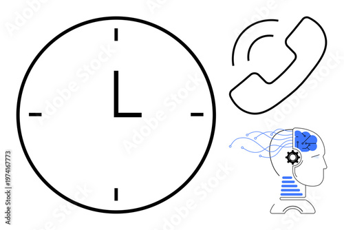 Time management, communication tools, artificial intelligence, decision-making, efficiency optimization, innovative solutions. Clock, phone icon human head with AI elements. Time management