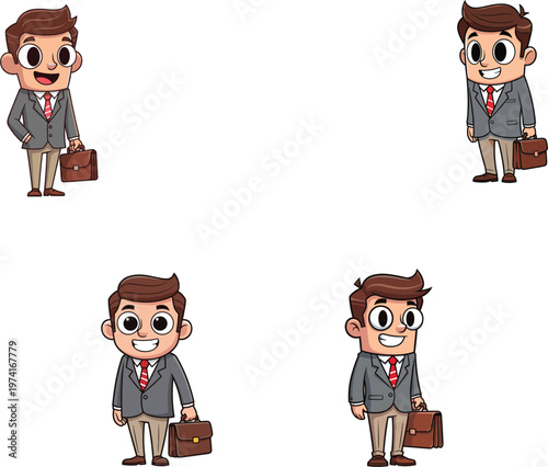 Cute cartoon businessman character holding briefcase collection for professional office work corporate success