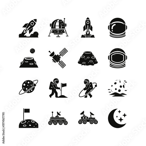 Black icons of space and astronaut.