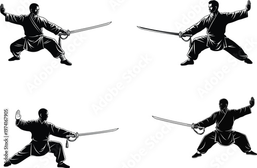 Traditional Chinese martial arts warrior holding sword silhouette collection for kung fu wushu training and asian combat culture concept