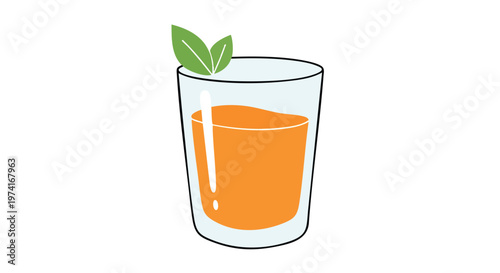 A cartoon-style illustration of an orange juice in a glass, with two green leaves on top. The glass is on a white backdrop