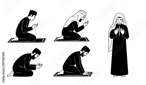 Muslim Prayer Positions Set – Islamic Salah Poses Vector Illustration