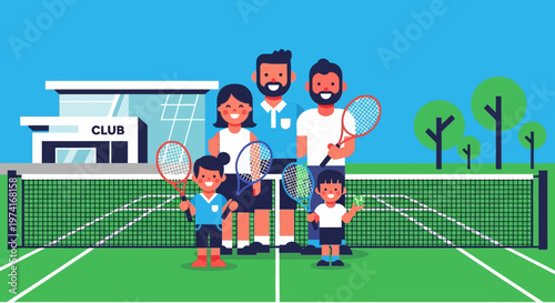 Family playing tennis at a club vibrant illustration on transparent background silhouette