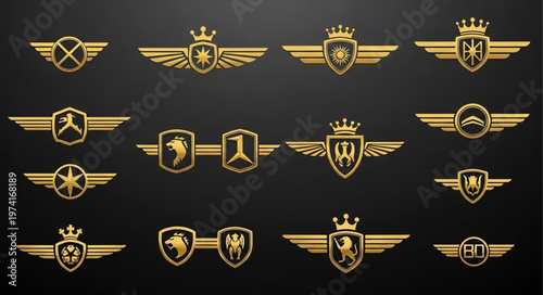 Collection of Golden Pilot Wings Emblems on Dark Background.
