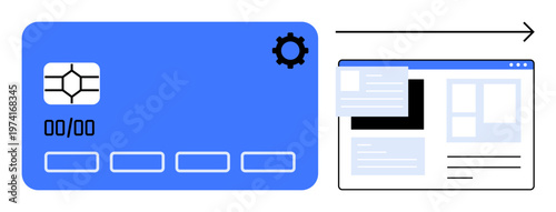 Online payments, e-commerce, digital security, financial technology, transaction processing, virtual wallets. Credit card transferring data to a browser-based interface. Online payments