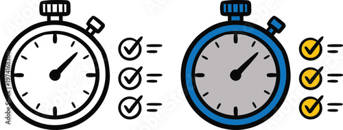 Hand drawn doodle style stopwatch timer with checkmarks vector illustration representing fast task completion, time management, and tight professional deadlines.
