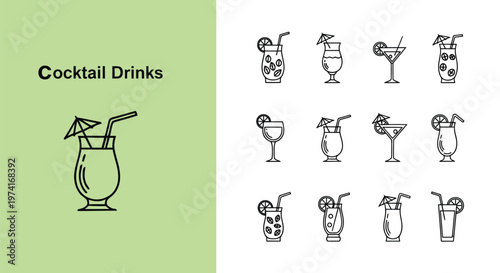 Stylish vector graphic set featuring twelve diverse outline illustrations of refreshing cocktails and non-alcoholic mocktails.