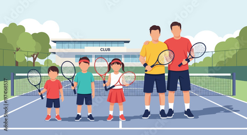 Family playing tennis at a club vector illustration on transparent background silhouette