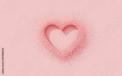 A pink heart shape made of small particles on a pink background