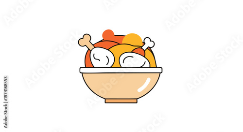 A cartoon depiction of food. The dish contains cooked items and a bone. It's arranged in a bowl of pale orange color, outlined in black, against a white background