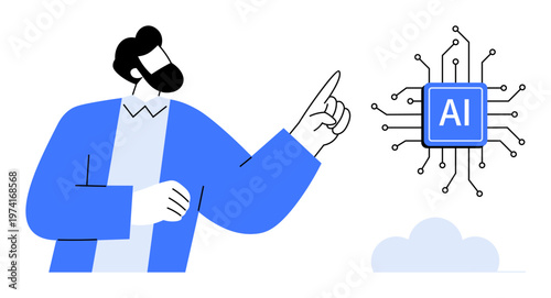 Artificial intelligence, tech innovation, data processing, future technology, machine learning, human interaction. A person pointing at an AI chip icon. Artificial intelligence and tech innovation