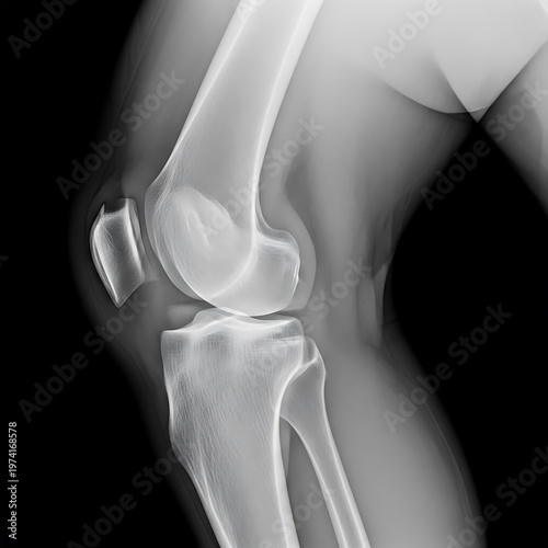Medical X-ray image of a human knee joint, showing the bones.