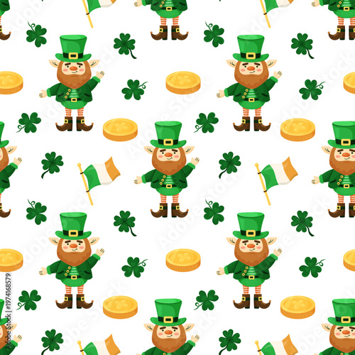 Seamless pattern with Cute leprechaun and Irish flag. Saint Patricks Day elements. Holiday greeting card on white background. Hand drawn vector illustration.