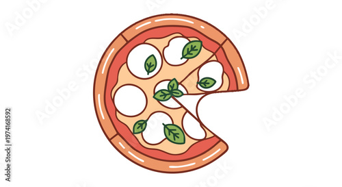 A cartoon image of a pizza slice with a bite taken out, cheese, basil, and a simple design on a white background
