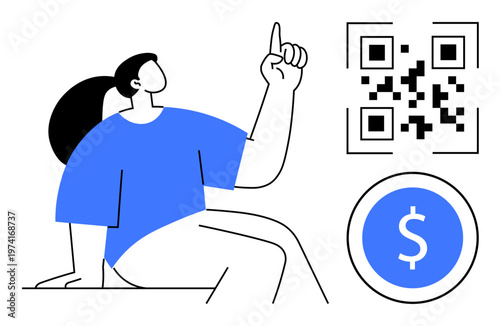 Mobile payments, e-commerce, QR code scanning, fintech solutions, digital wallet, online transactions. Woman pointing up, QR code and currency icon. Mobile payments and e-commerce concept