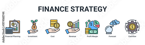 Finance Strategy web banner icon vector illustration with icons of Financial Planning,Investment,Cost,Revenue,Profit Margin,Forecast and Cashflow