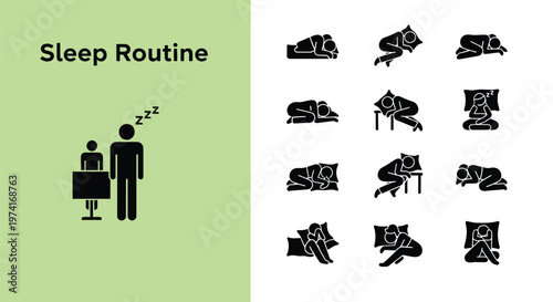 Vector illustration displaying various sleep routine positions and tiredness graphic icons for health designs.