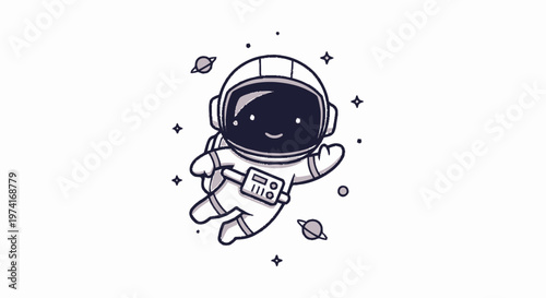 Cute Cartoon Astronaut Floating in Space with Smiling Face.