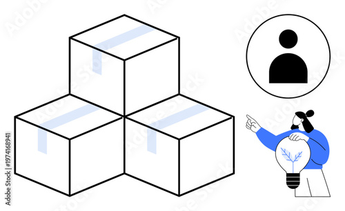 Shipping logistics, innovation, user identity, packaging, entrepreneurship, e-commerce. Three stacked boxes, user icon person holding a light bulb. Logistics and innovation concept