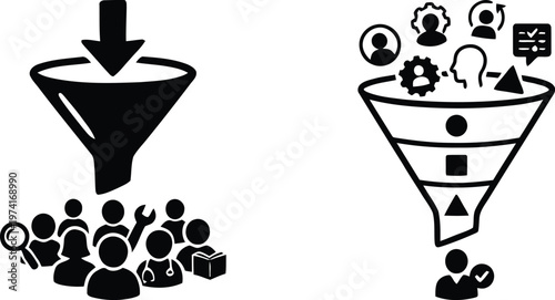 Hand drawn doodle style sales marketing funnel and customer conversion filter vector illustration for business lead generation, audience targeting, and recruitment screening.