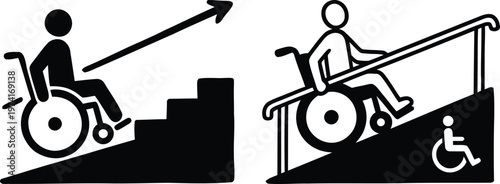 Hand drawn doodle style wheelchair accessibility ramp and stairs vector illustration representing overcoming obstacles, disabled mobility access, and physical inclusion in public spaces.