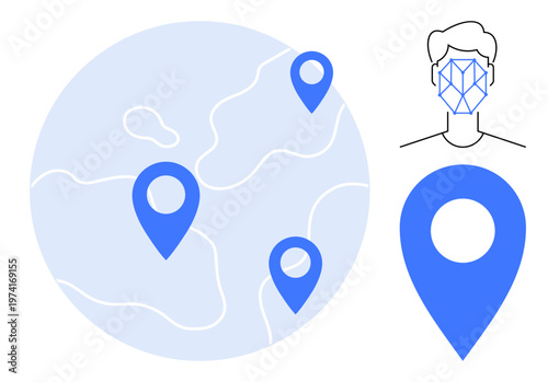 Geolocation, facial recognition, global tracking, location services, digital security, AI technology. A globe with location pins and a face pattern. Geolocation and facial recognition concept