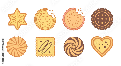 A collection of various sweet cookies, biscuits and sandwiches of various shapes such as star, heart, square, circle and spiral