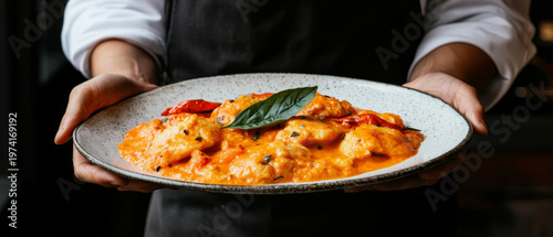 Chef's hands present a plate of creamy gnocchi-style pasta in rich orange sauce, garnished with fresh basil and roasted peppers