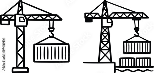 Hand drawn doodle style tower crane lifting a cargo container vector illustration on transparent background for heavy construction building, port shipping logistics, and freight loading.