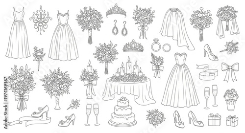 Elegant Wedding Elements Collection Hand-Drawn Sketch Style.
